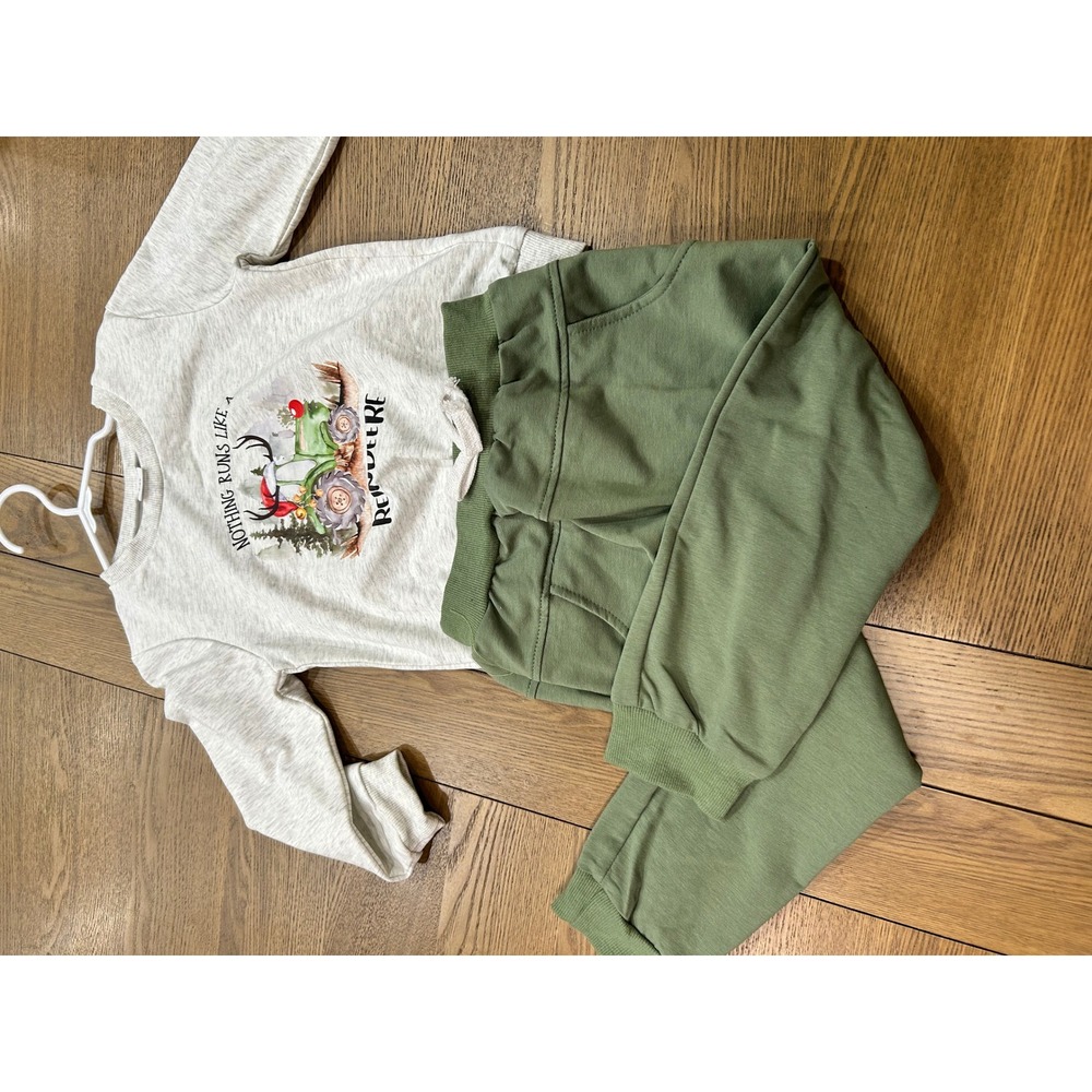 Kids 3-4Y Green Jogger Set Reindeere Tractor Outfit‎ Long Sleeve Top